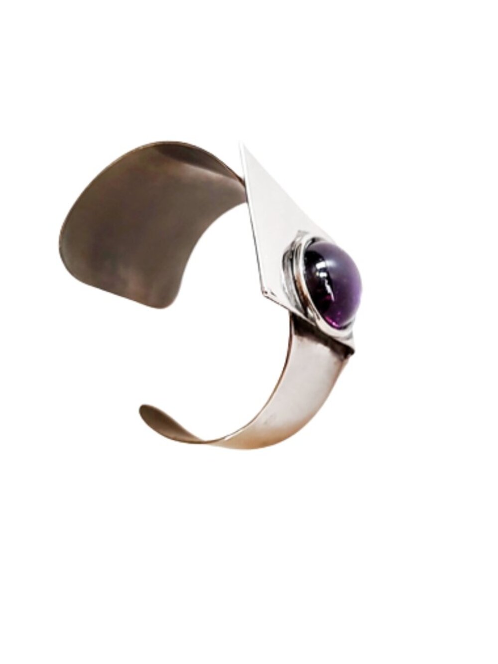1990s Vintage Large Geometric Chrome Cuff Bracelet With A Purple Glass Stone - Picture 3 of 9